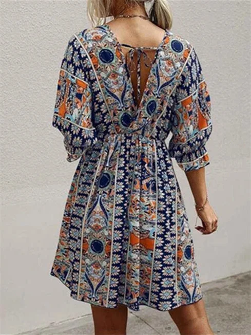 Women's Short Sleeve V-neck Floral Printed Lace-up Midi Dress