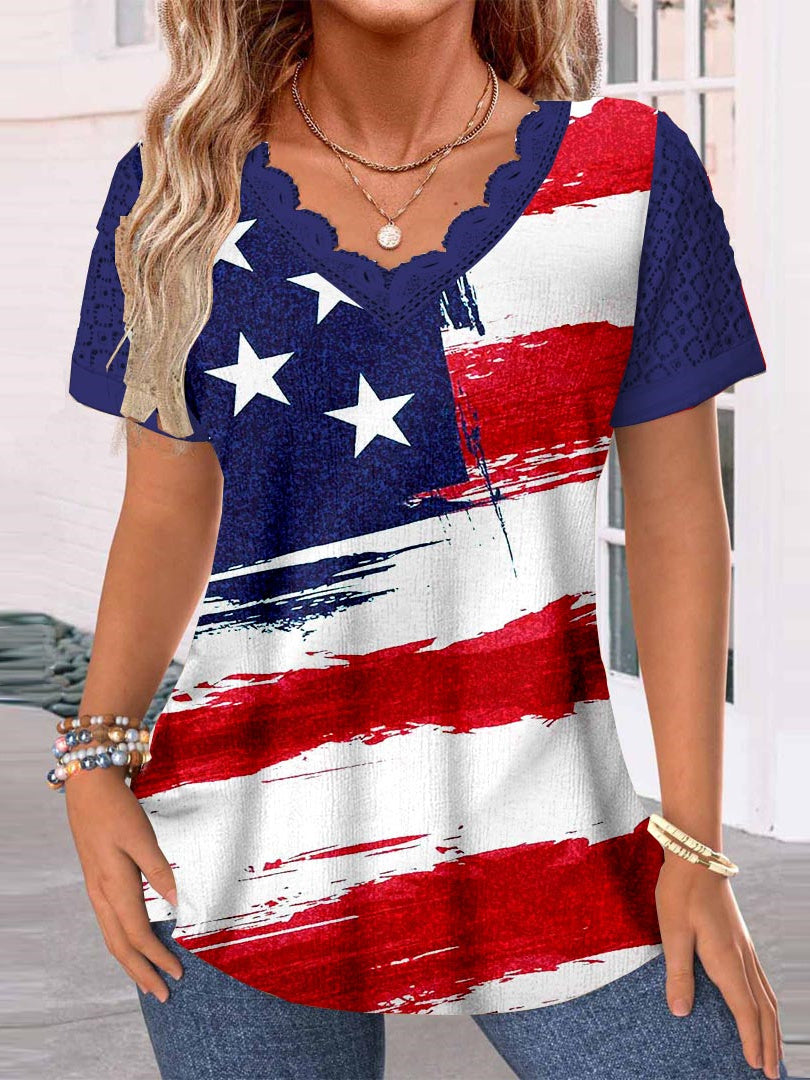 Women's Short Sleeve V-neck Graphic Printed Lace Stitching Top