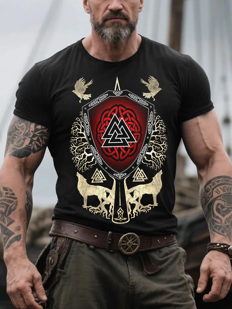 Herren Retro Viking Symbole im nordischen Stil Casual T-Shirt