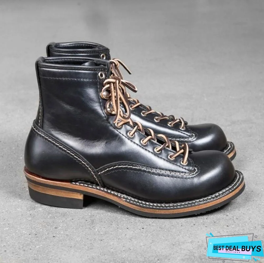 Vintage Cowhide Mens Ankle Boots Casual Lace Up Round Toe Genuine Leather Unisex Cargo Shoes Plus Size