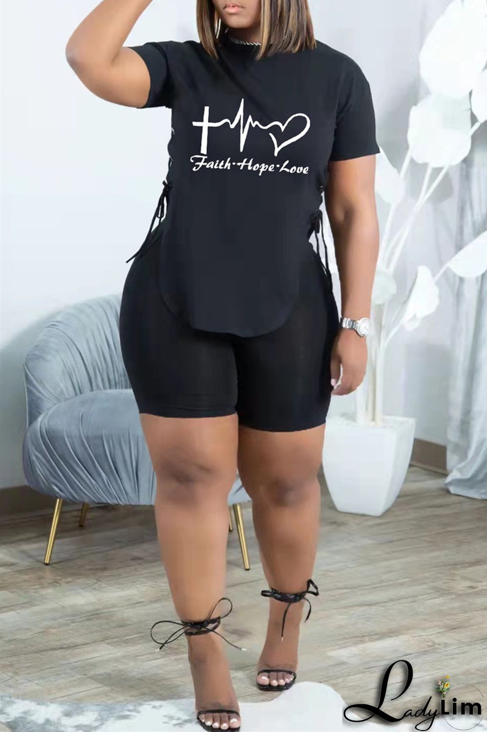 Khaki Fashion Casual Print Bandage Slit O Neck Short Sleeve Two Pieces