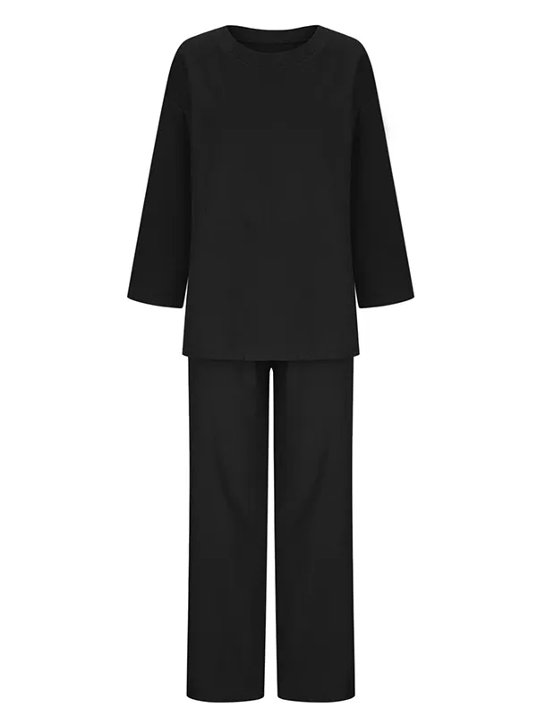 Chic Two-Piece Set: Loose Long-Sleeve Round-Neck Shirt Top and ...