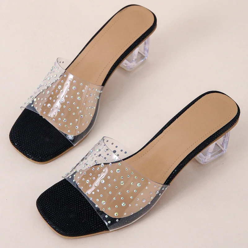 Qengg High-heeled Slippers Women 2022 Summer New Crystal Heel Hot Drill Outer Wear Comfortable Shallow Mouth Women's Shoes
