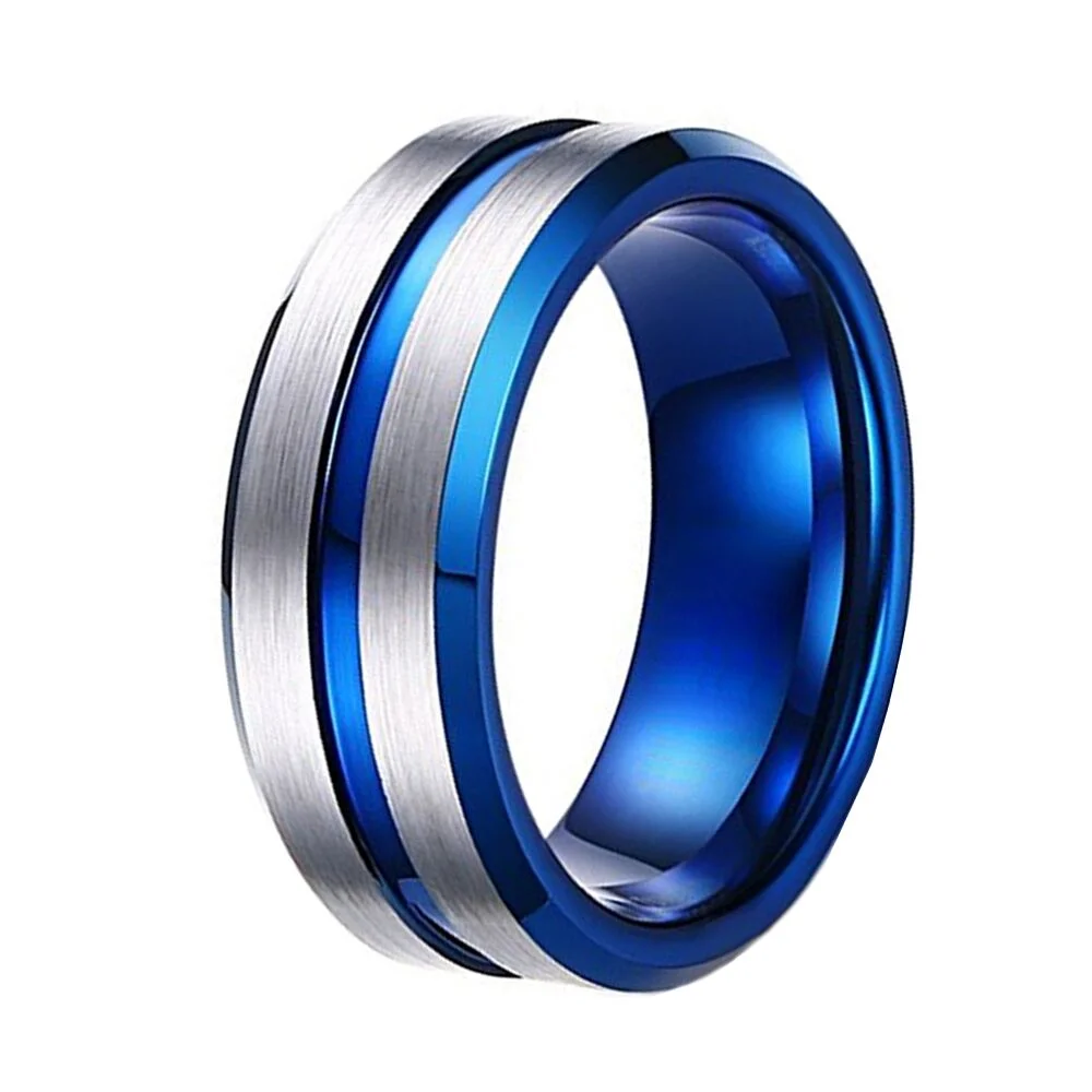 6MM 8MM Blue Mens Silver Brushed Grooved Tungsten Wedding Bands
