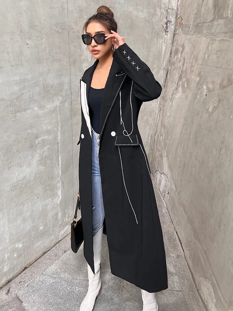 Tlbang Patchwork Bright Line Decoration Lace Up Trench Coat For Women Lapel Long Sleeve Straight Coats Female Autumn Style