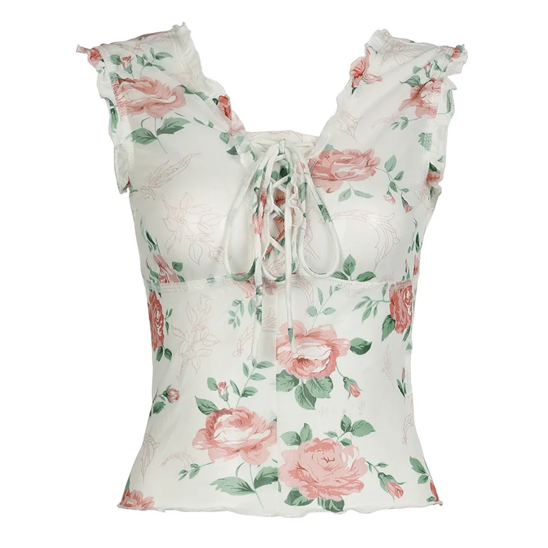 Ueong Pastoral Ebony Ear Plant Garden Printing Strap Sleeveless Vest Retro All Kinds Of Thin Top Girl