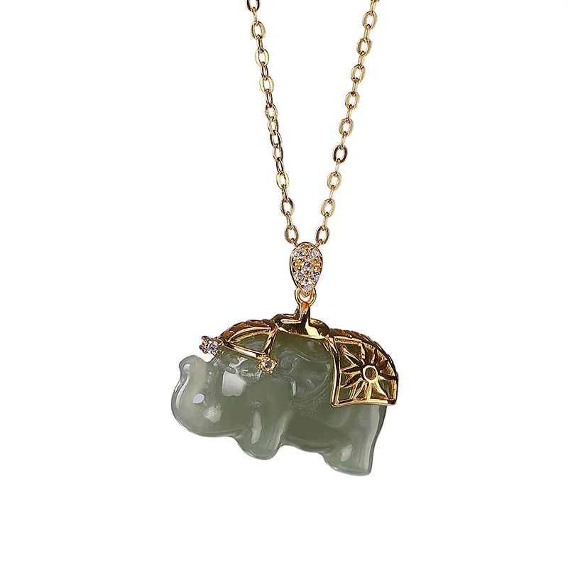 925 Sterling Silver Jade Elephant Blessing Fortune Necklace Chain Pendant