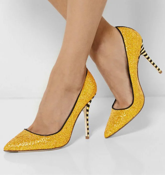 Gold Glitter Shoes Pointy Toe Vegan Stiletto Heel Pumps US Size 3-15 |FSJ Shoes