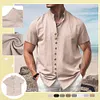 Camicia da uomo a maniche corte in cotone e lino con collo alto e bottoni