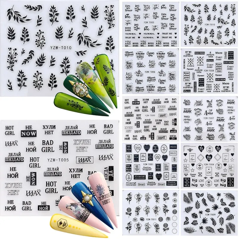 1 Sheet 3D Stickers For Nails Black Letter Leaf Flower Patterns Slider Nail Art Manicure Adhesive Tips Decals DIY Decorations-Nail Inspo