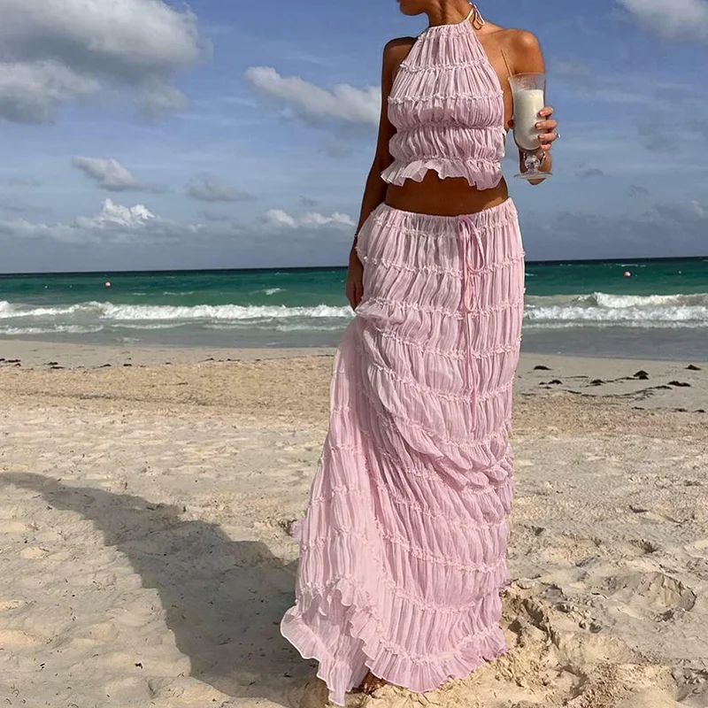 Women Boho Sexy Backless Matching Suit 2 Piece Beach Holiday Outfits Vintage Ruched Halter Cami Tops + Maxi Long Skirt Party Set