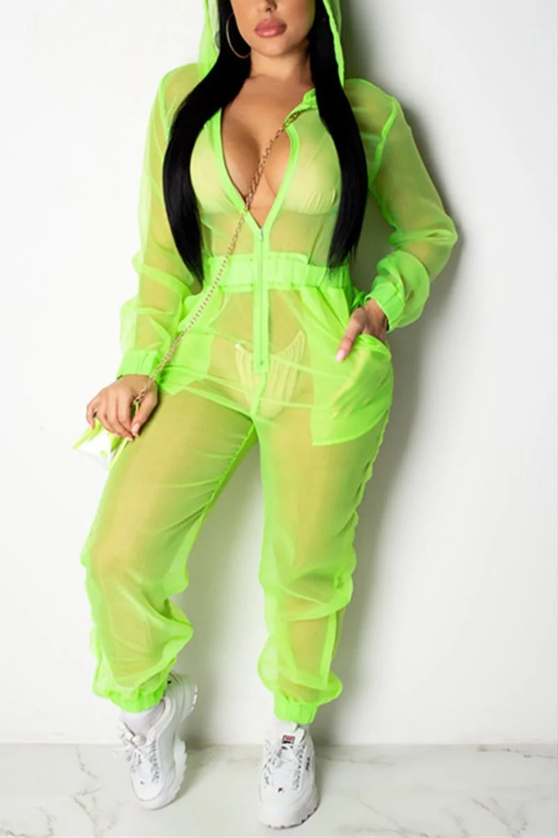 Sexy Mesh Long Sleeve Hooded Jumpsuit