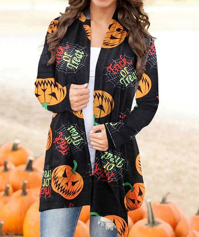 All-black Women Pumpkin Pattern Designer Longline Cardigan Coat
