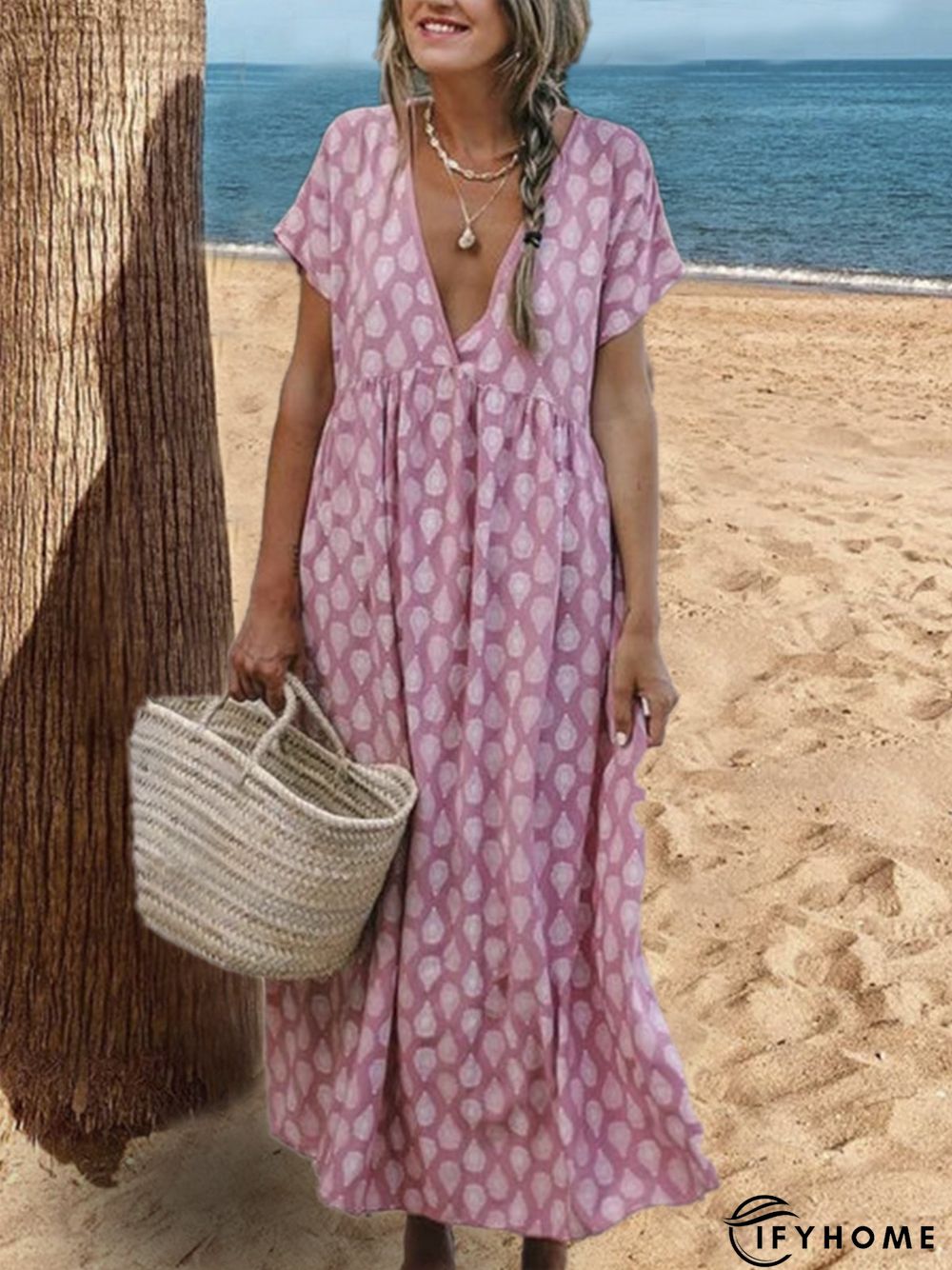 Plus Size Casual V Neck Short Sleeve Printed Maxi Weaving Dress | IFYHOME