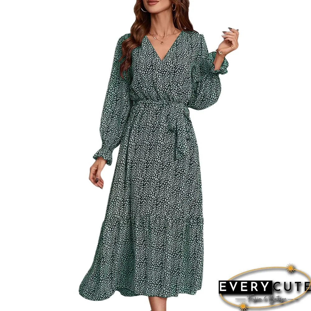 Green V Neck Long Sleeve Floral Dress with Belt