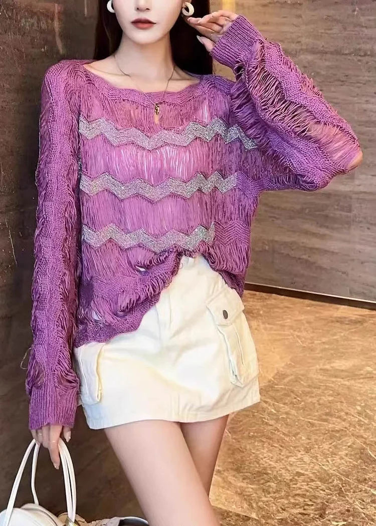Stylish Purple Hollow Out Thin Knit Short Sweater Fall