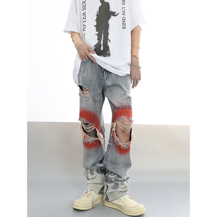 High Street Hiphop Ripped Jeans Retro Loose Straight Trousers at Hiphopee