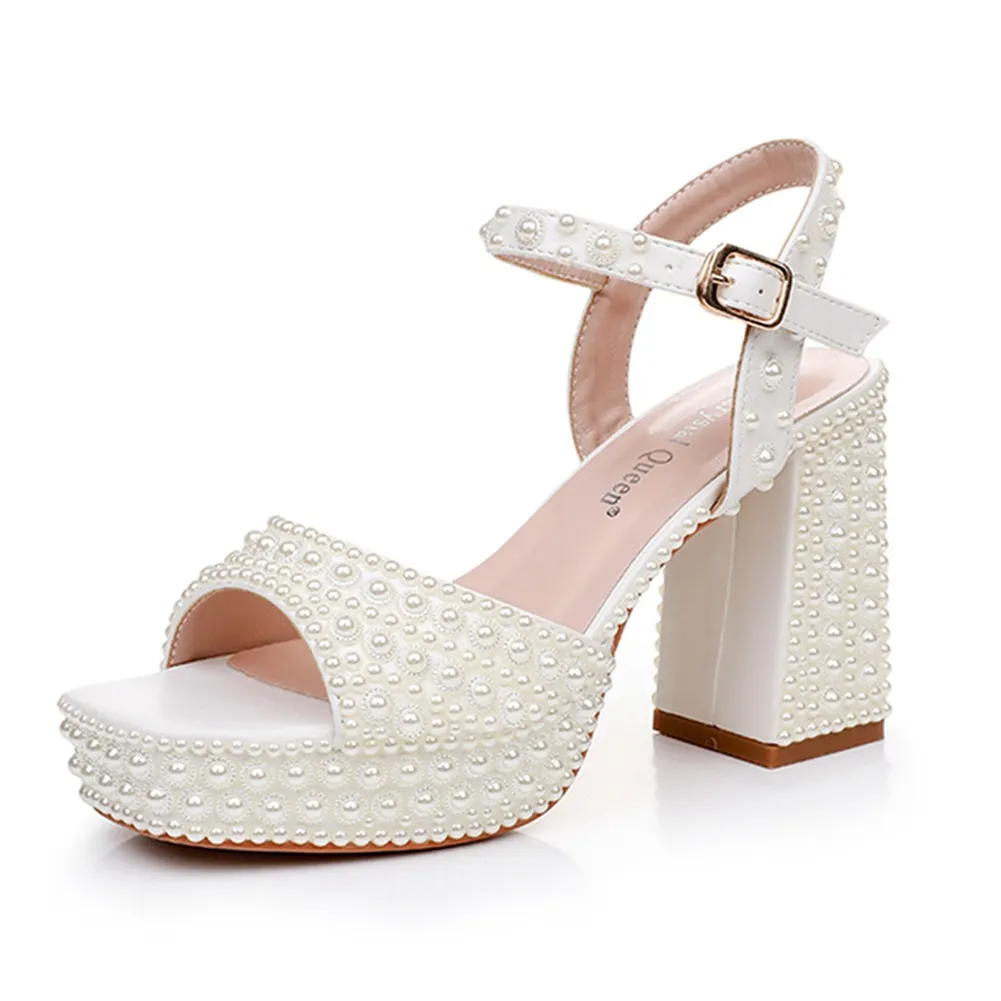 Breakj Breakj Cm Coarse Heel Fish Mouth Waterproof Table Sandals Round Head Square Sandals Side Sandals And Pearl Bridal Dress Shoes