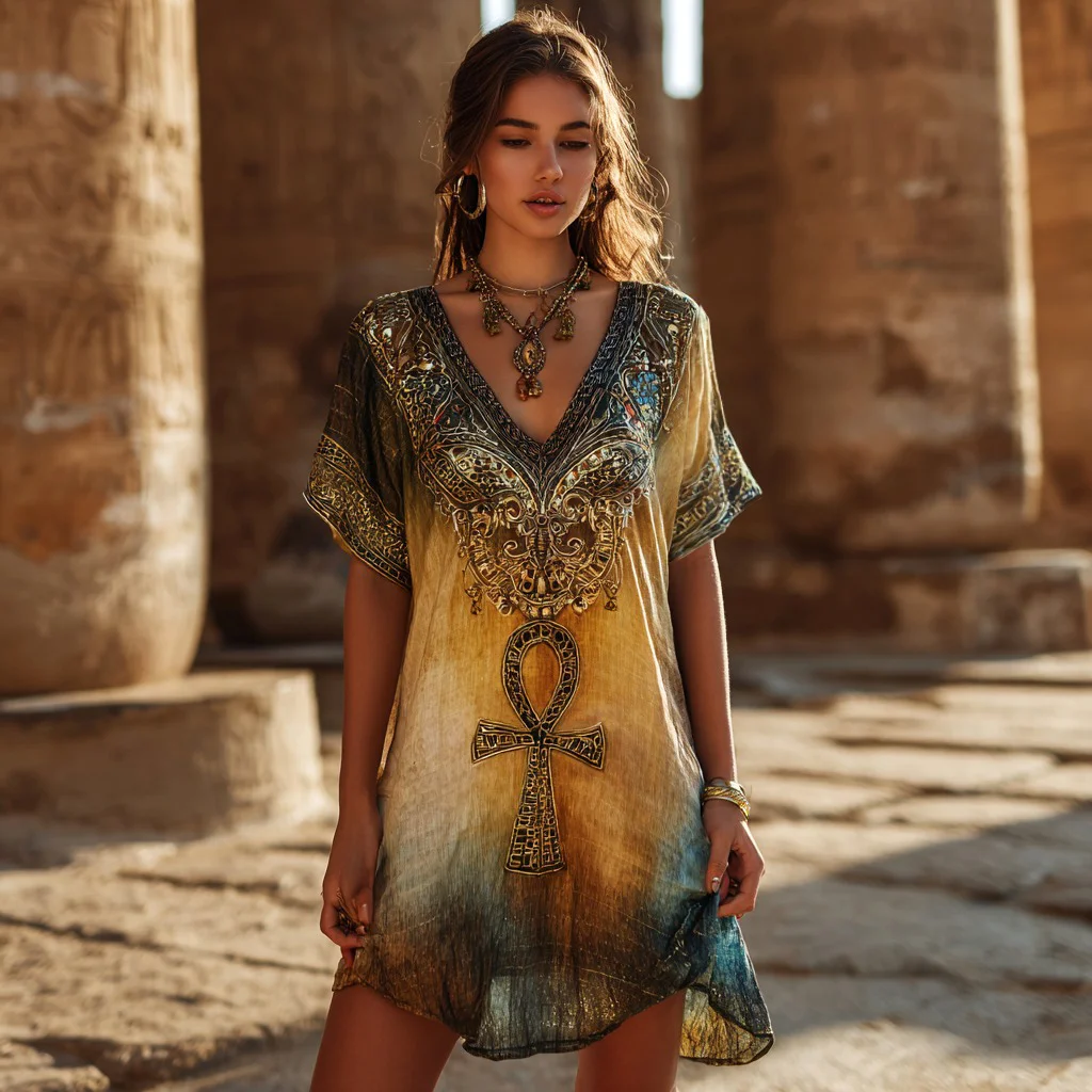 Women's Egyptian Butterfly And Ankh Gradient Art Casual V Neck Linen Dress