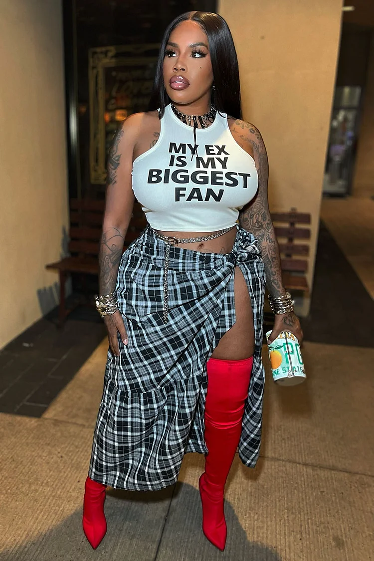 Letter Print Crop Vest Plaid Slit Maxi Skirt 2pcs Set-White [Pre Order]