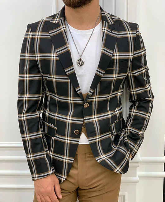 Daily Plaid Pocket Design Two Buttons Lapel Collar Blazer