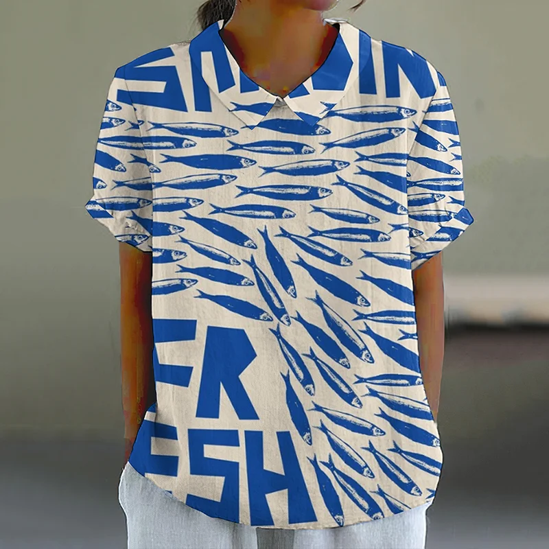Retro Sardines Fish Art Pattern Printed Casual Women's  Cotton Linen Shirt
