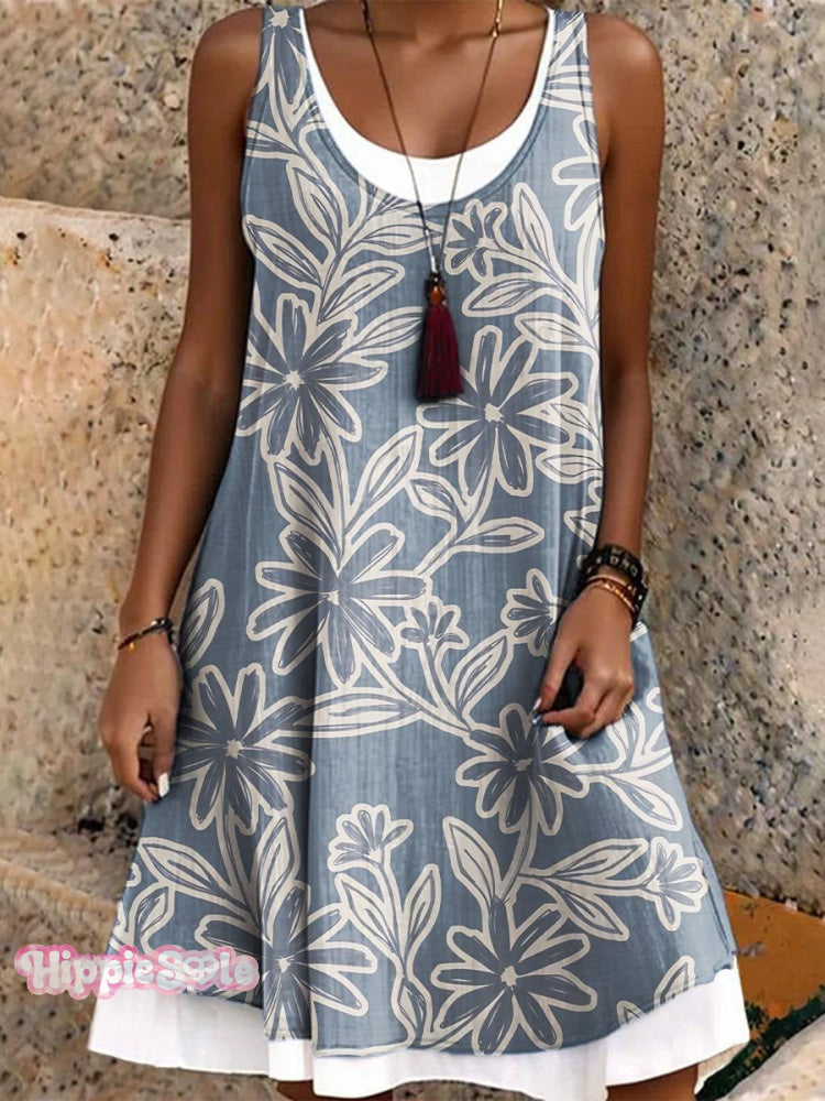 Women’s Vacation Casual Loose Splicing Flowers Art Print Dress Multicolor / S