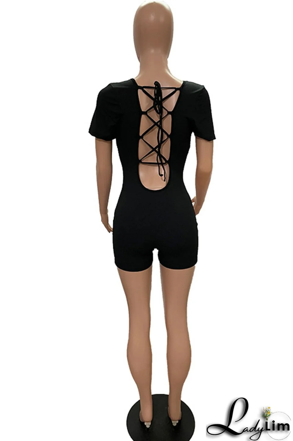 Black Fashion Casual Solid Bandage Backless U Neck Skinny Romper