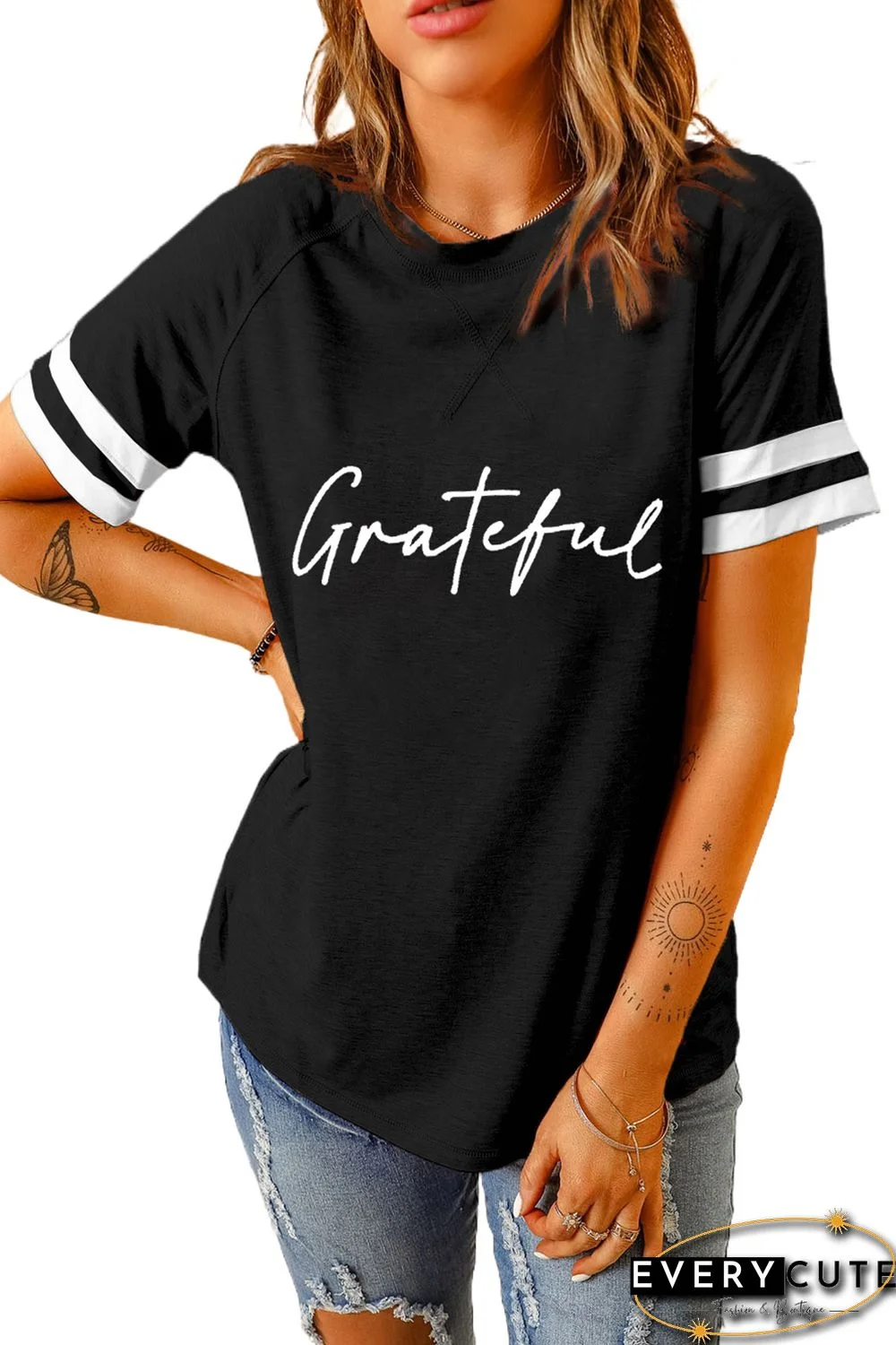 Black Grateful Print Color Block Short Sleeve T-shirt