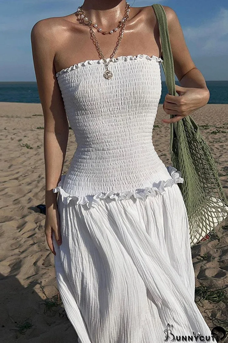 Casual Daily Solid Fold Strapless Pleated Dresses