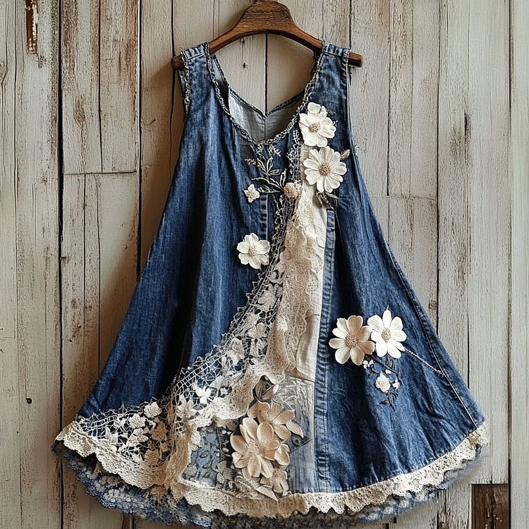 Women's Vintage Floral Lace Denim Oversized Dress