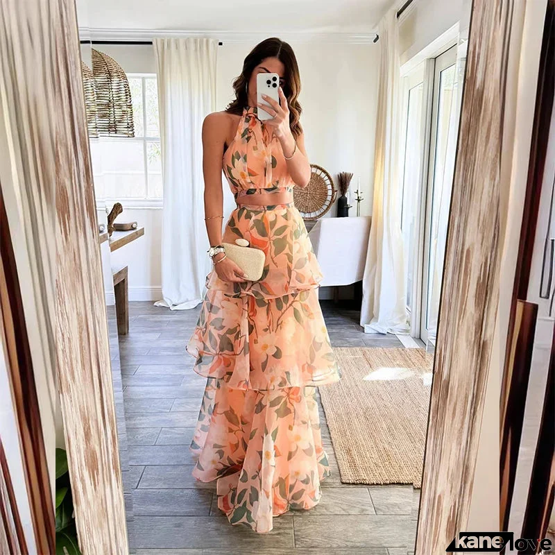 Women's Acetate Halter-Neck Sleeveless Printed Party Wear Dress