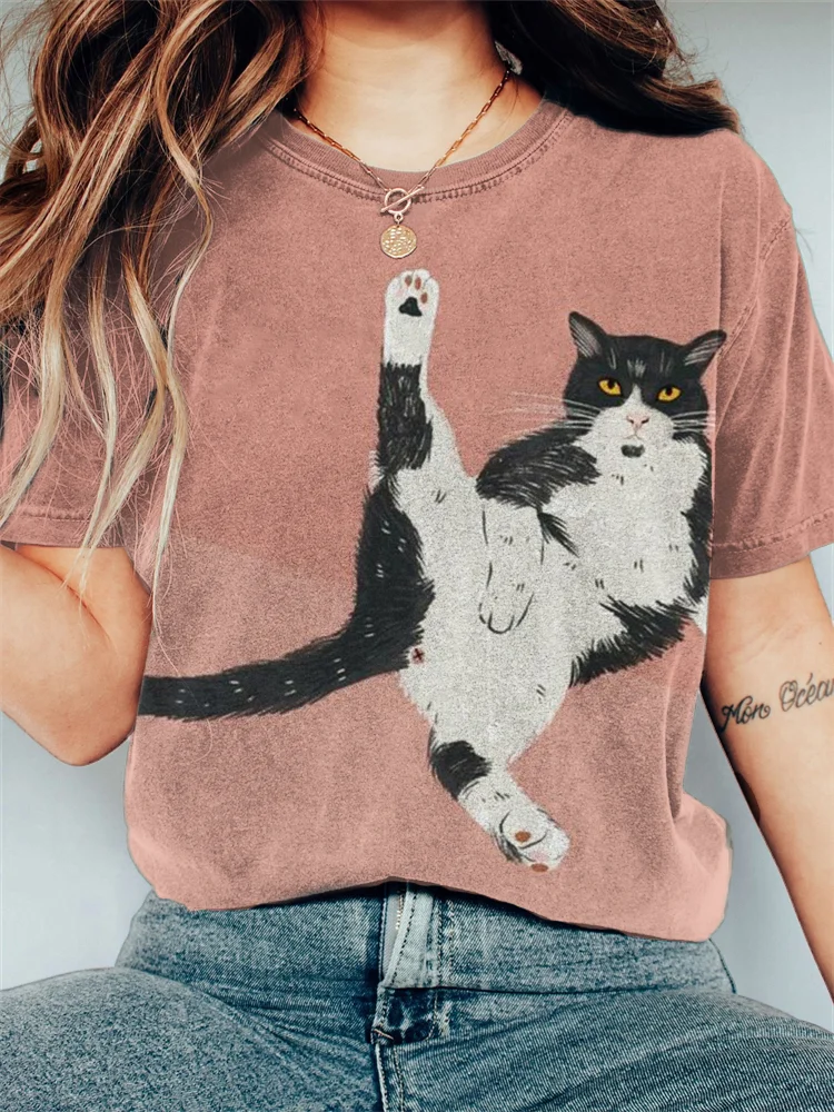 VChics Funny Cat Contrast Color Vintage T Shirt