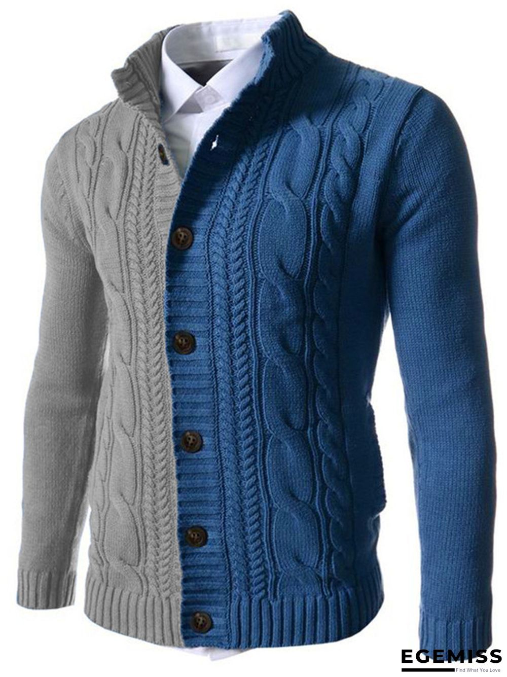 Color Blocked Stand Collar Long Sleeve Knitted Cardigan Sweater | EGEMISS