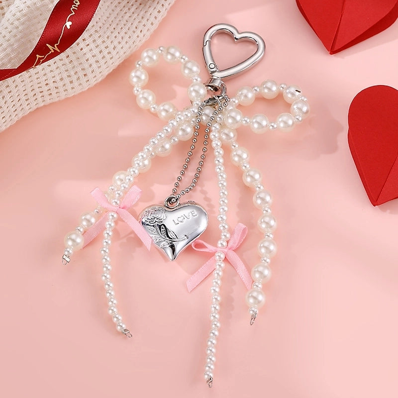 Sweet Cherry Heart Shape Bow Knot Artificial Pearl Alloy Polyester Bag Pendant Keychain