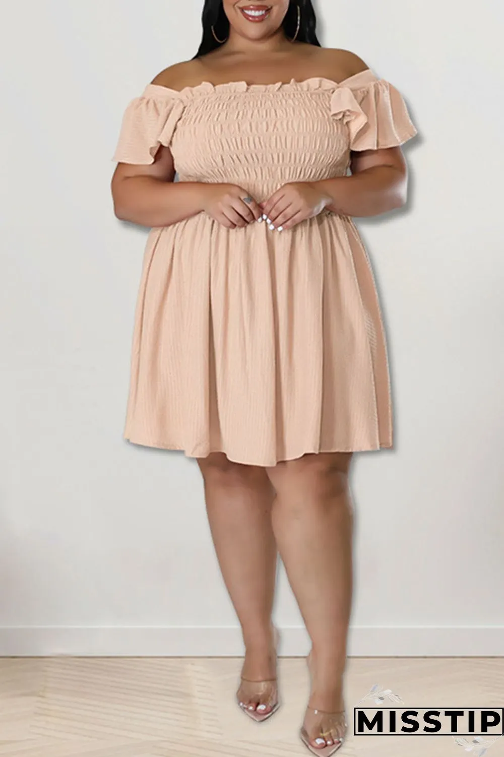 Rose Red Casual Sweet Solid Patchwork Fold Off the Shoulder A Line Plus Size Dresses