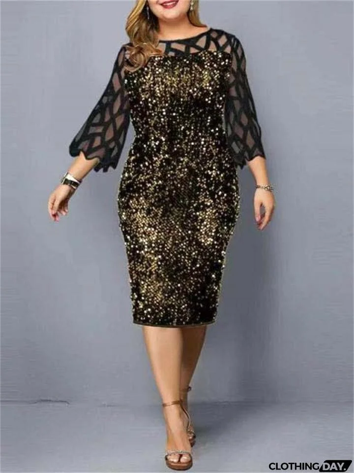 New Elegant Sequined Design Plus Cocktail Dresses With Sleeves