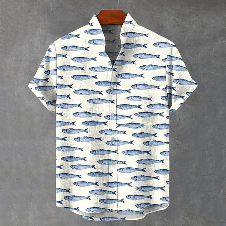 Men's Watercolor Style Fish Print Casual Short Sleeve Shirt