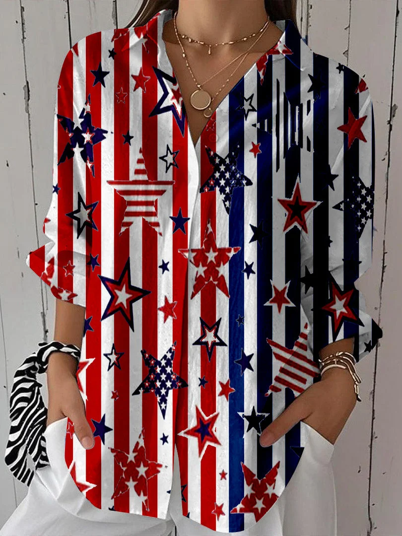 Women 3/4 Sleeve Shirt Collar National Flag Striped Printed Graphic Button Tops