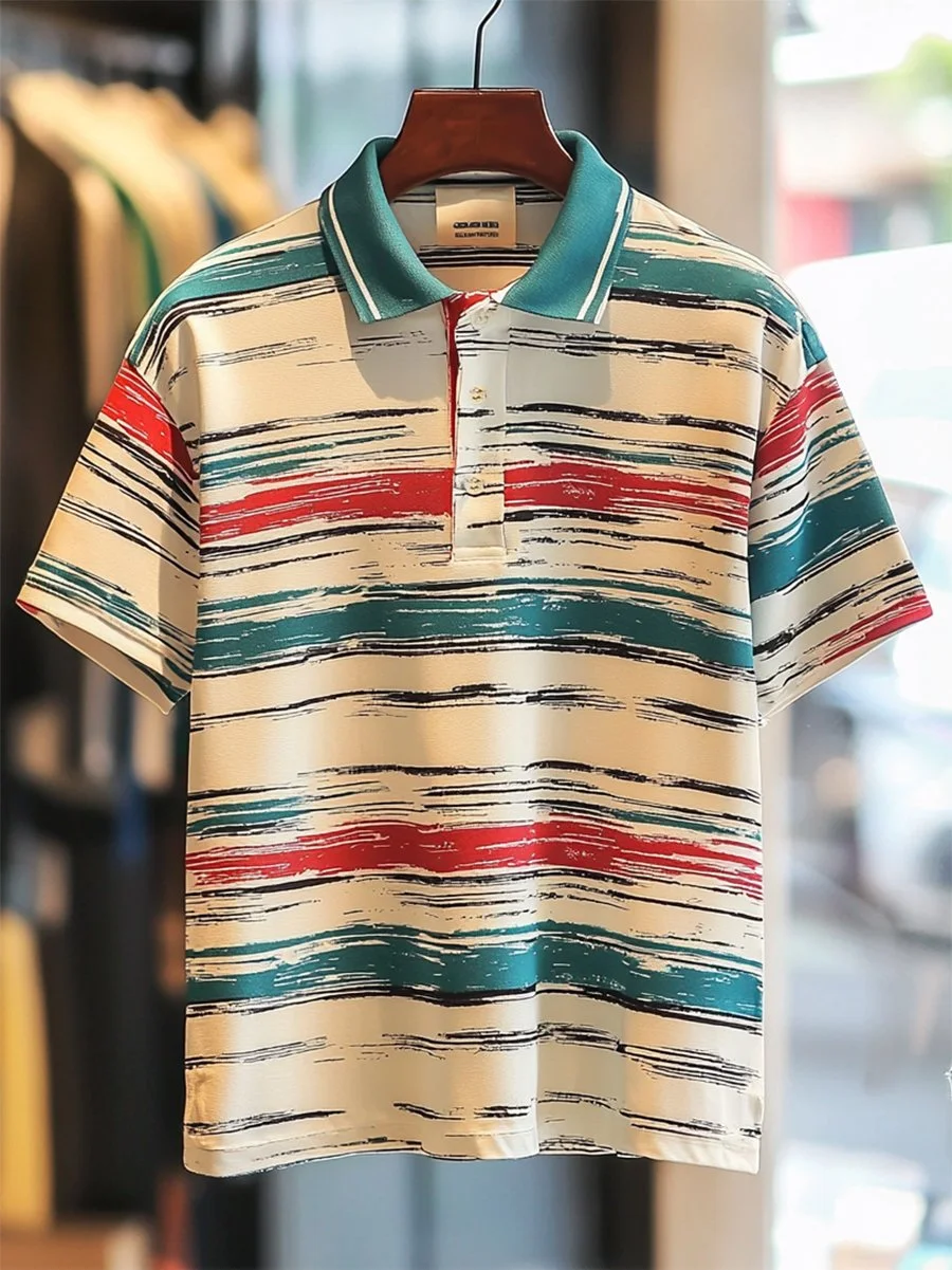 Men's Business Casual Stripe Print Button Short Sleeve Polo Shirt 