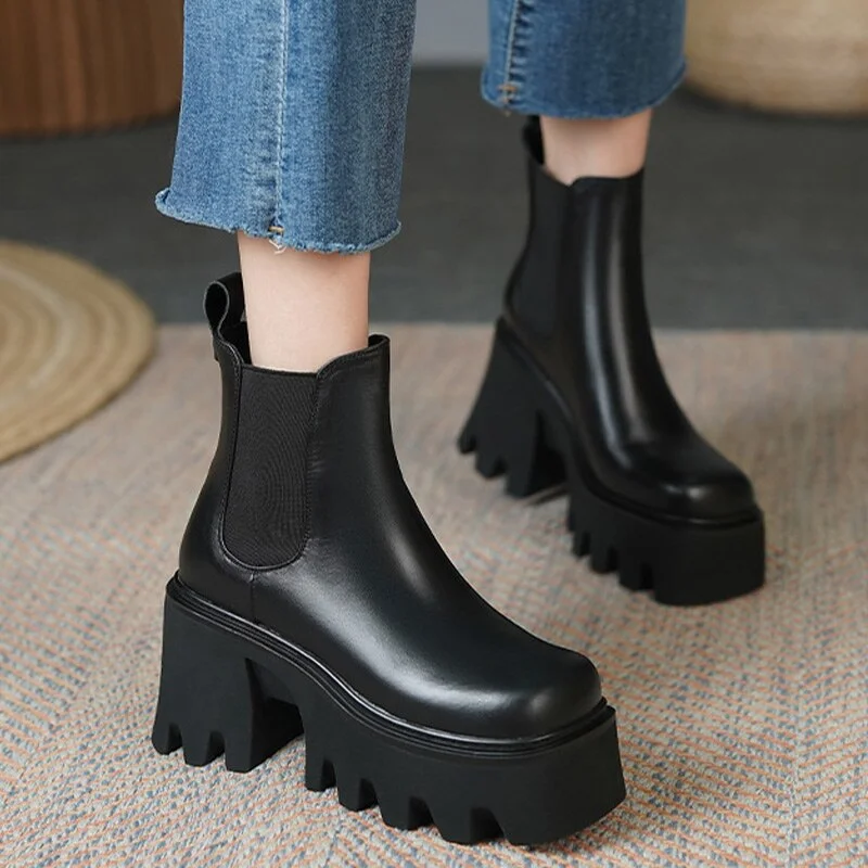 Fashion Platform Chelsea Boots For Women Chunky Heels Ladies Leather Shoes Autumn Winter Slip On Square Toe Female Ankle Boots