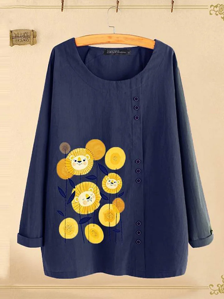 Vintage Floral Printed Plus Size Long Sleeve Casual Tops