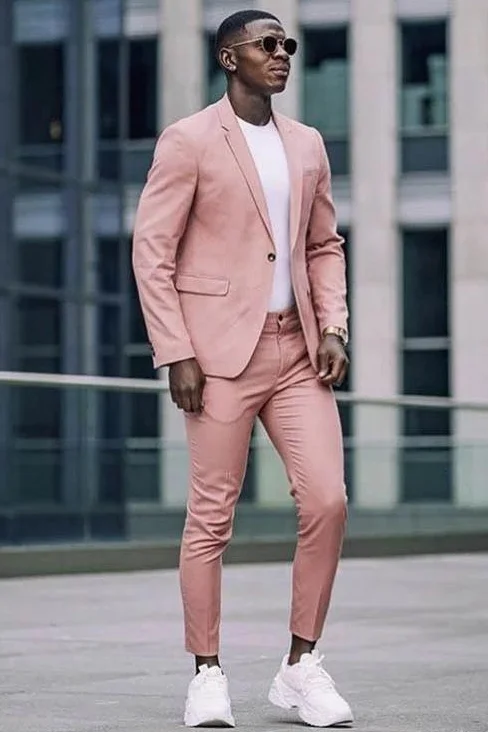 Fashion Flap Pockets Pink Prince Suit 2 Piece With Notched Lapel For Groom