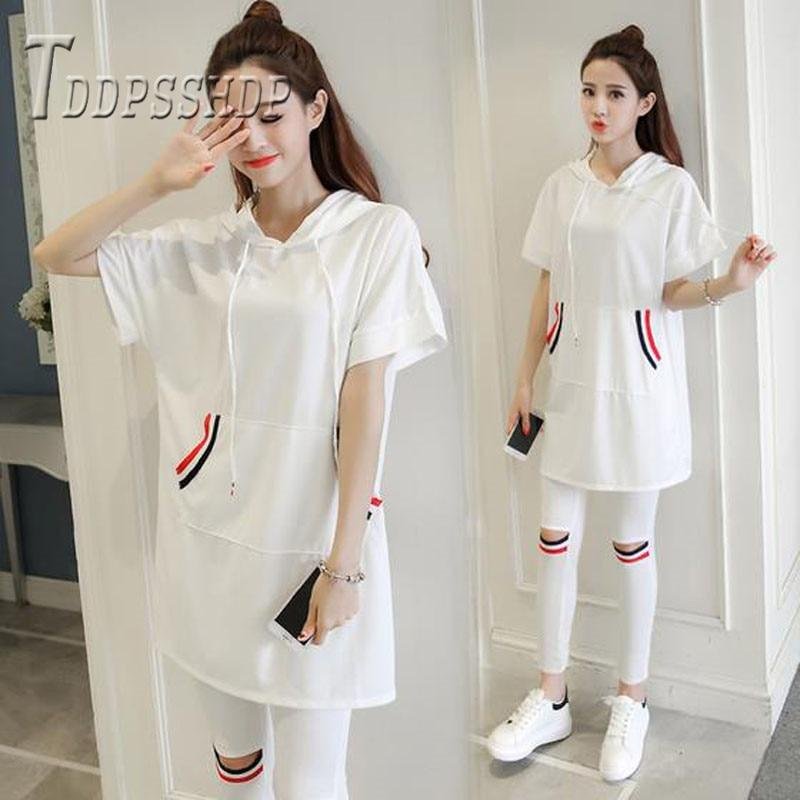 2019 Summer Plus Size Do Exercise Women Sets Black and White Color T Shirt and Pants Female Set