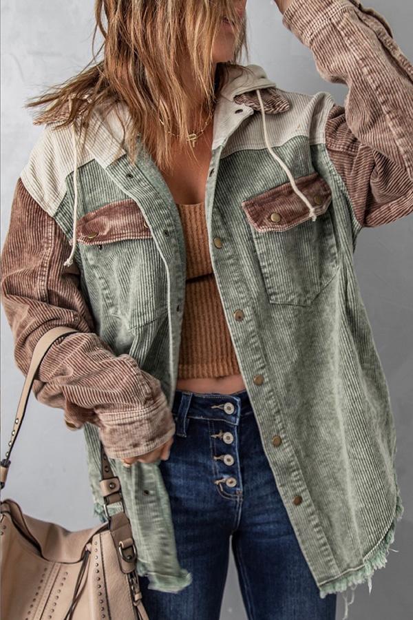  thdmladies Corduroy Patchwork Hooded Pocket Button Jacket thedmladies