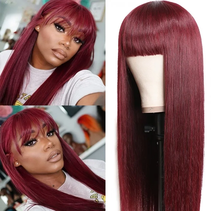 Red Human Hair HD Lace Straight Wig with Bangs | Glueless Wigs | 100% Real Natural Human Hair Wigs | Medium & Long Wig