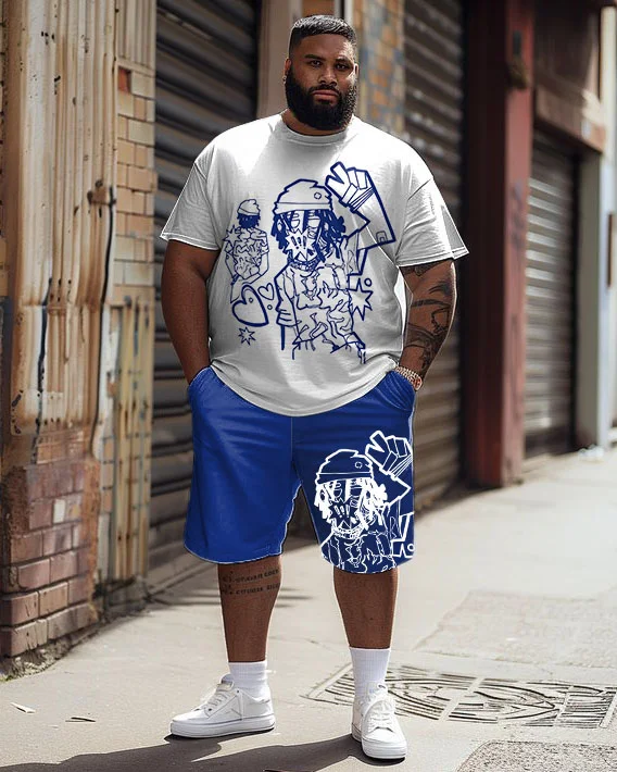 Men's Plus Size Street Casual Funny Bier Graffiti Print T-Shirt Shorts Suit