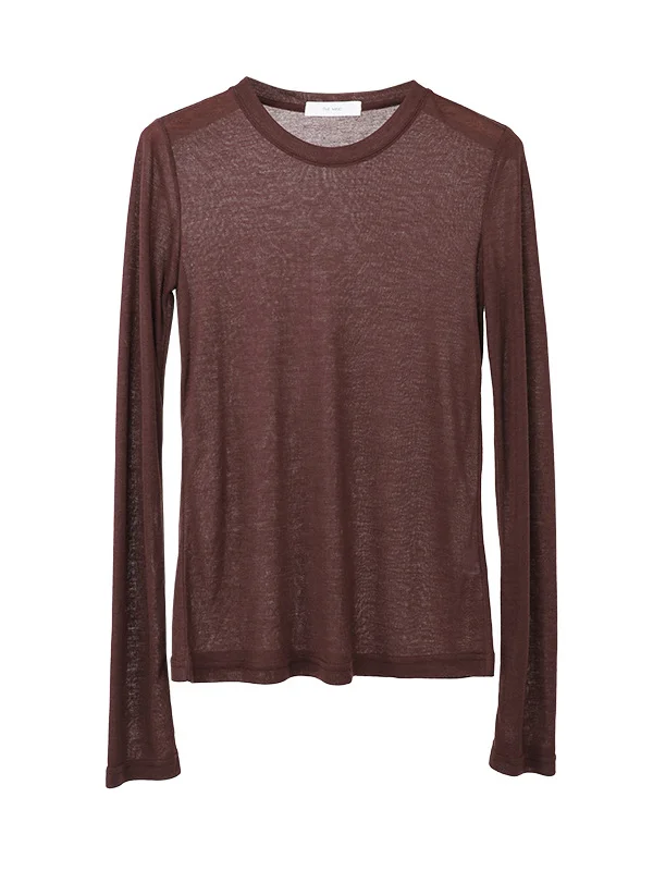 Long Sleeves Skinny See-Through Solid Color Round-Neck T-Shirts