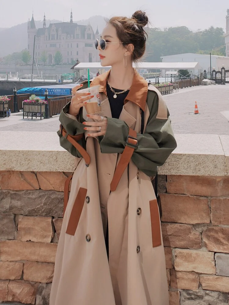 Brand New Fashion Women's Trench Coat Colorblock Long Double-Breasted with Belt Lady Windbreaker Spring Autumn Outerwear Clothes