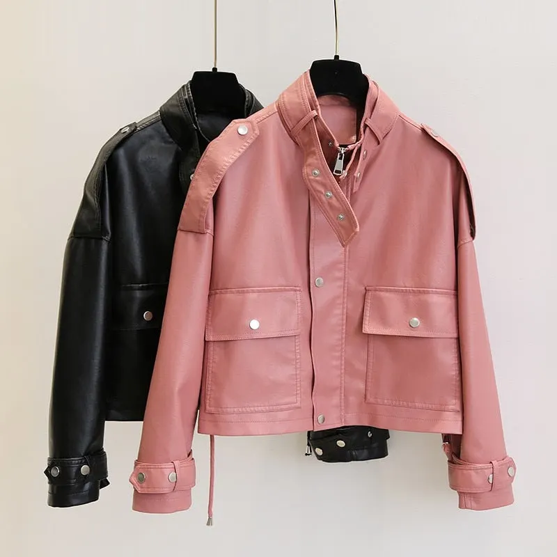 Ailegogo 2021 New Autumn Women Streetwear Pink Pu Faux Soft Leather Jacket Casual Female Motorcycle Biker Zipper Big Pocket Coat